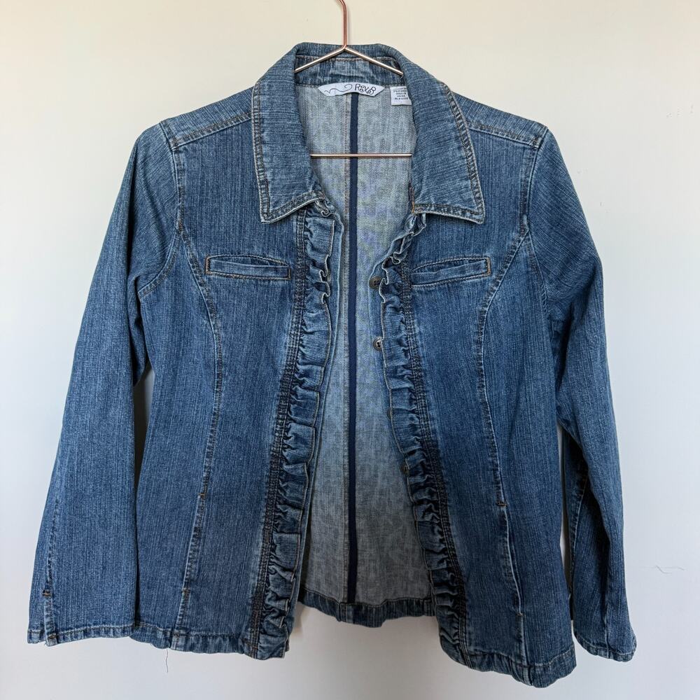 RXB Womens Jacket Medium Denim Collared Ruffle Trim Buttons Y2K Vintage 2000s - Picture 2 of 6
